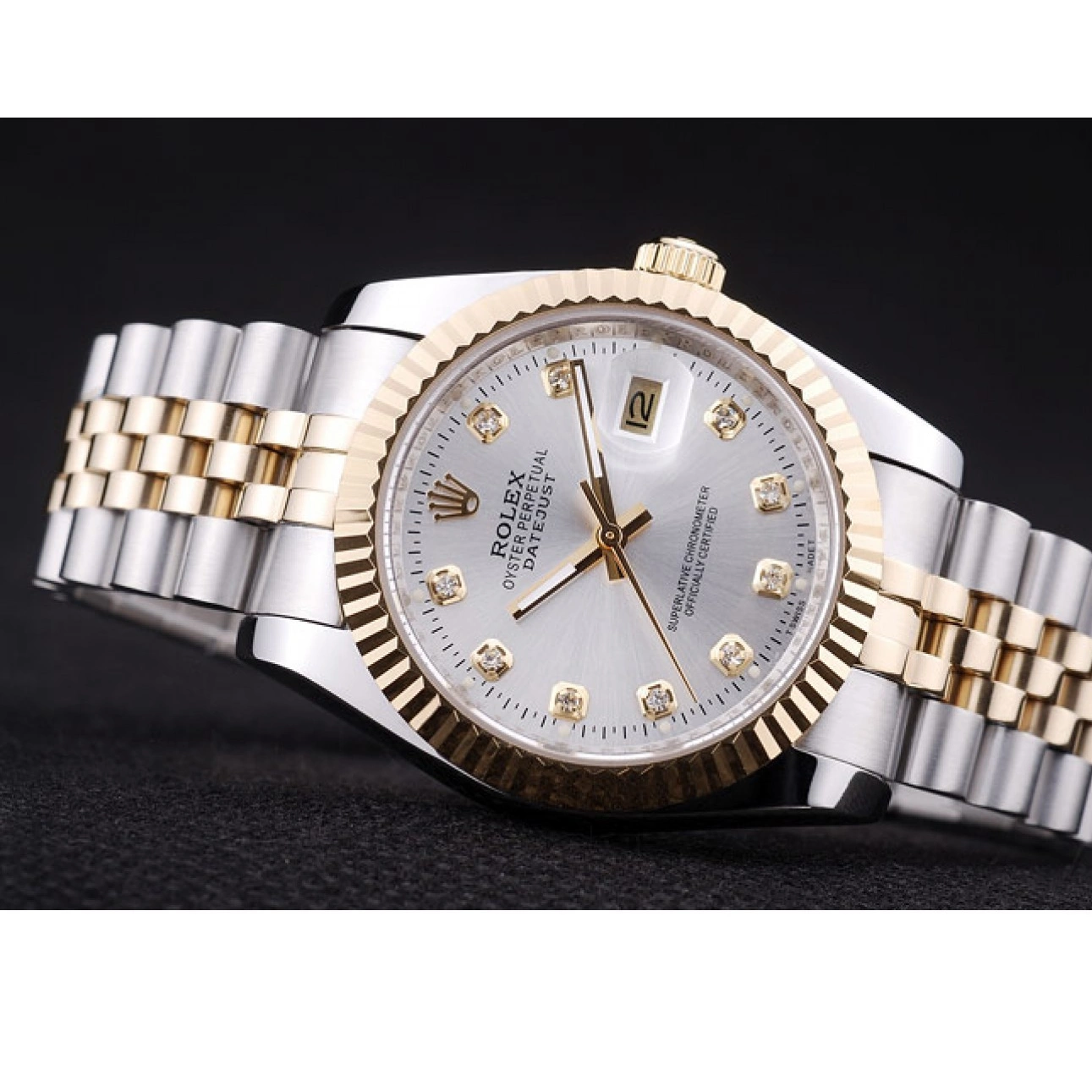 Aaa fake watches Ribbed Bezel Diamonds Datejust Silver 7454 Rolex Dial 0815